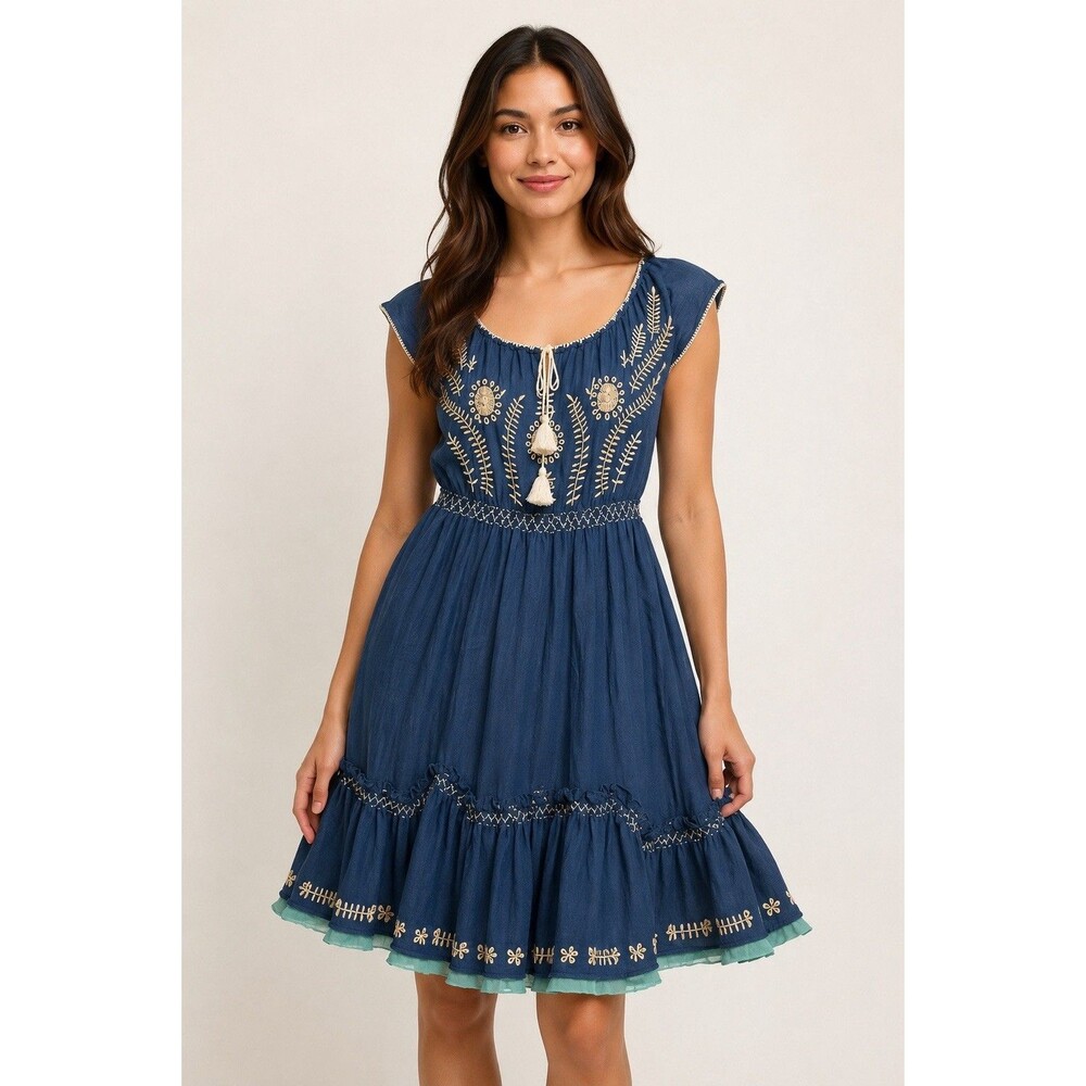 Tocca Embroidered Boho Mini Dress Blue Cream Tassel Peasant Dress Size 4